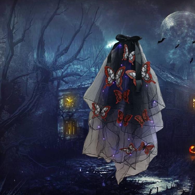 Zart leuchtender Totenkopf-Schmetterlingsschleier Einzigartiger Halloween-LED-Schleier Totenkopf-Schmetterlingsmuster-Schleier für Kostümpartys für Erwachsene