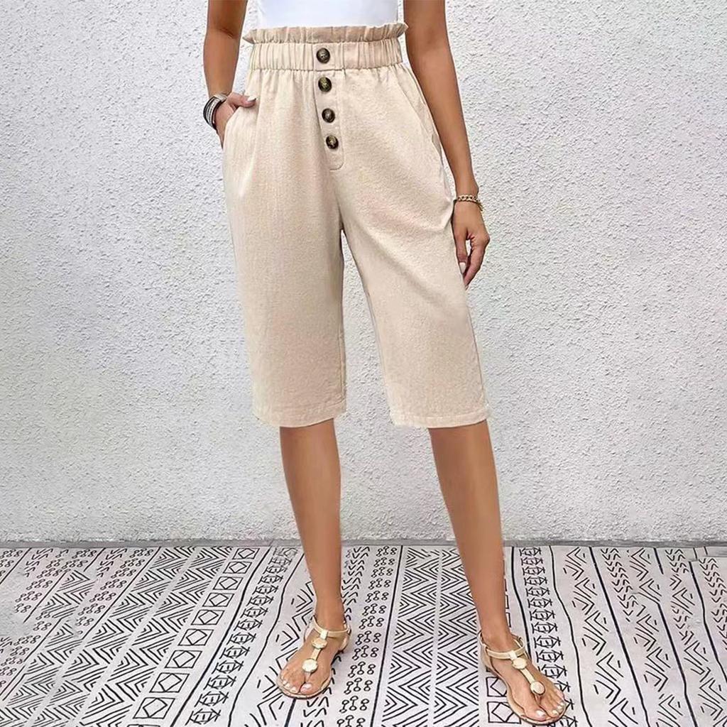 New Solid Color Cotton And Linen Pocket Button Women'S Casual Pants Shorts
