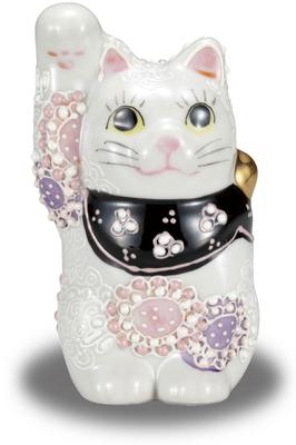 Japanese Warehouse Beckoning Cat Figurine Pottery Kutani Ware Right Hand Beckoning Cat Flower Purple Feng Shui Good Luck Interior Japanese Style