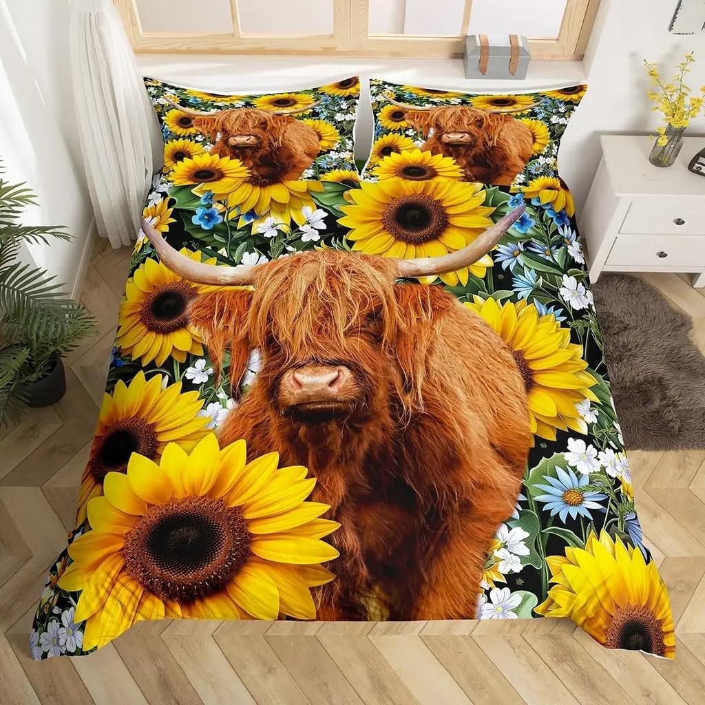 Highland Cow Duvet Cover King Sunflower Farm Animal Bedding Set Cute Highland Cattle Floral Quilt Cover Rustic Farmhosue Decor