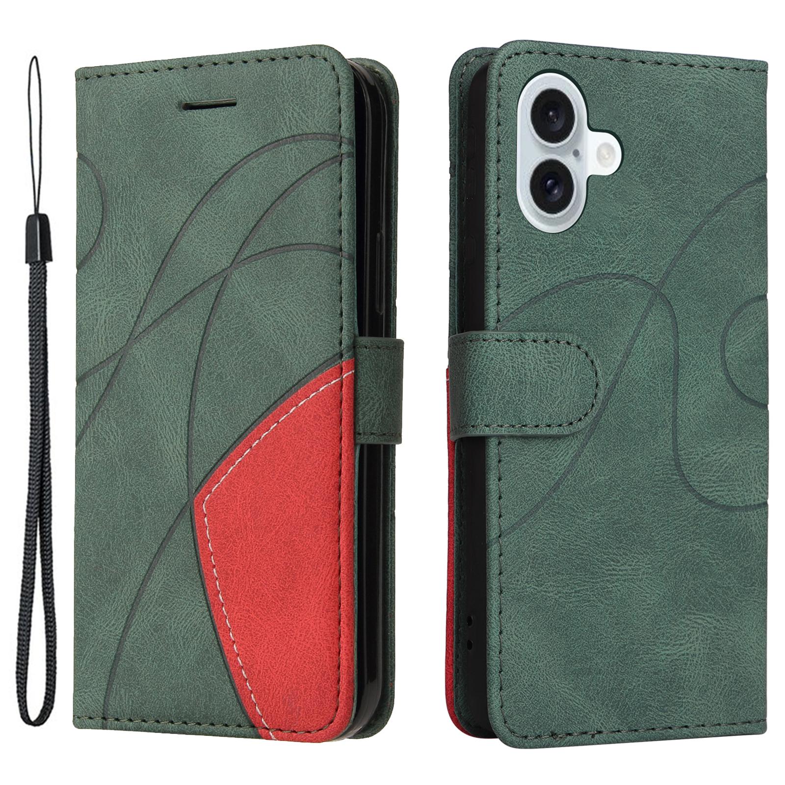 

For iPhone 16 Plus Leather Case Wallet Stand Color Splicing Phone Cover Green