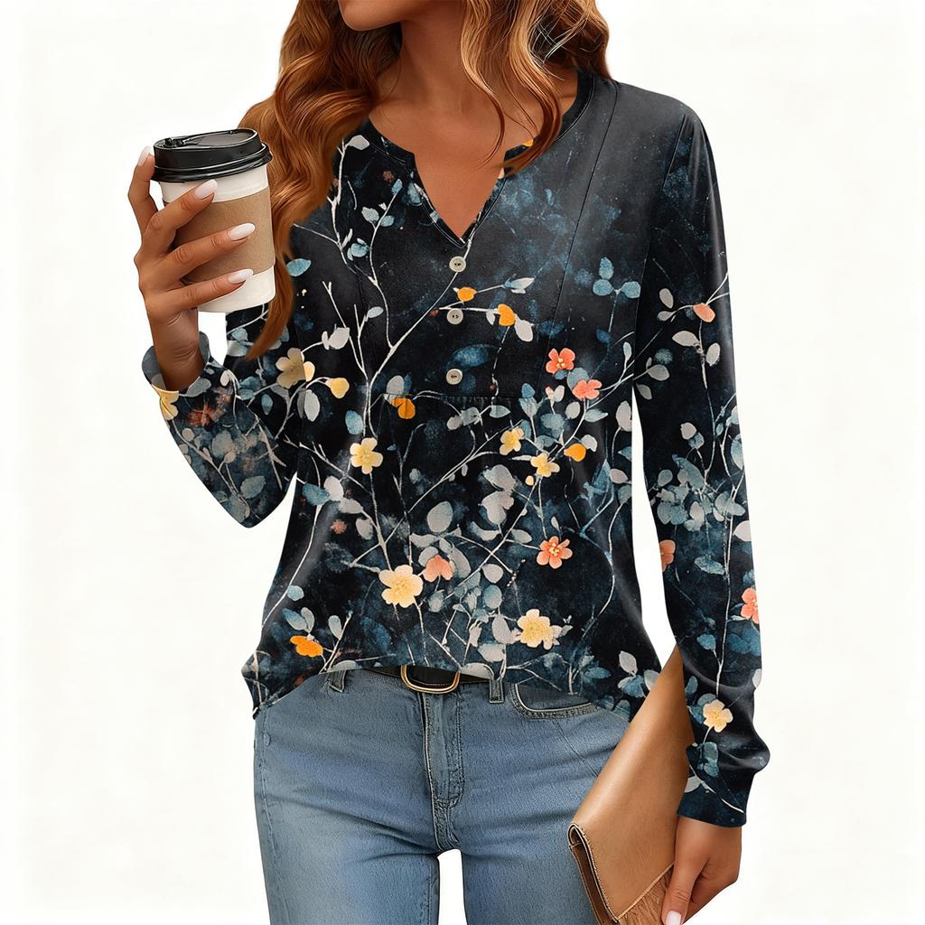 Γυναικείο Χαλαρό, V-λαιμόκοψη, Ρετρό Χρώμα, Μπλοκ με Φλοράλ Σχέδιο, Μακρυμάνικο Πουλόβερ T-shirt