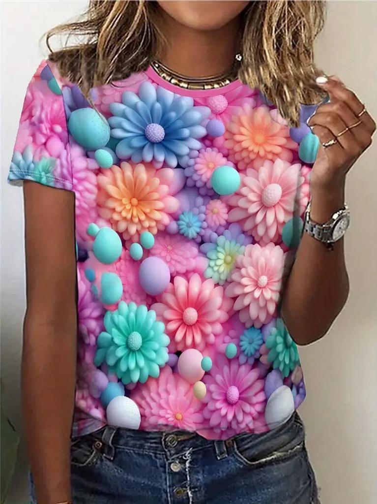 Women's T Shirt Casual Short Sleeve Flower 3d Print T-Shirt Summer Fashion Street Loose O-Neck Pullover Female Clothing