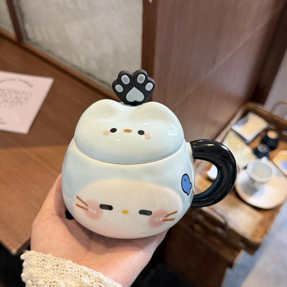 Katzenbecher mit Deckel Löffel hoher Wert Ins-Stil Paarbecher Keramik Trinkbecher für Mädchen Geburtstagsgeschenk