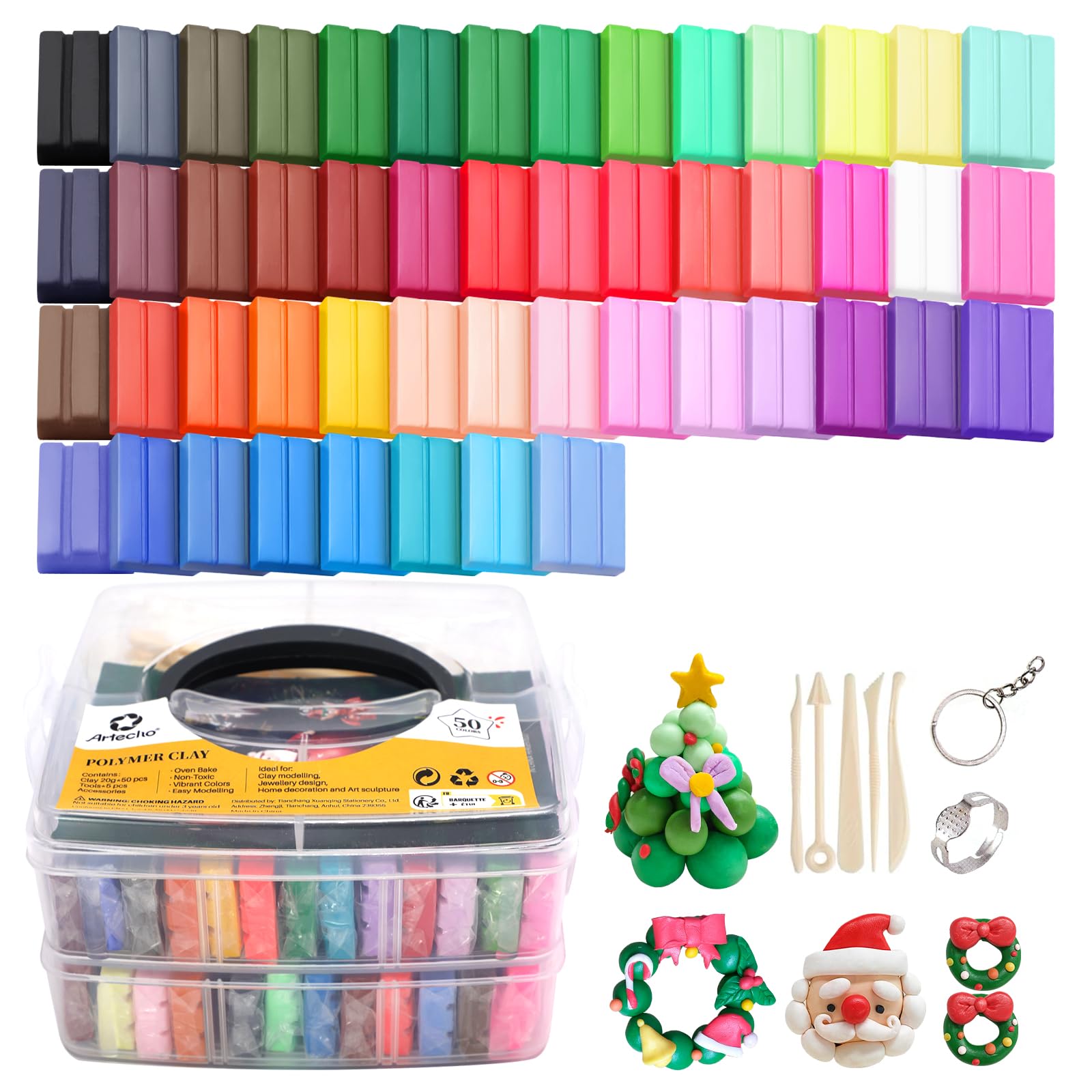 

Artecho Полимерная глина 50 Набор для моделирования с 5 инструментами для лепки и 31 аксессуаром для изготовления ювелирных изделий, дома и художественной скульптуры, Цвета, Запекаемая в духовке