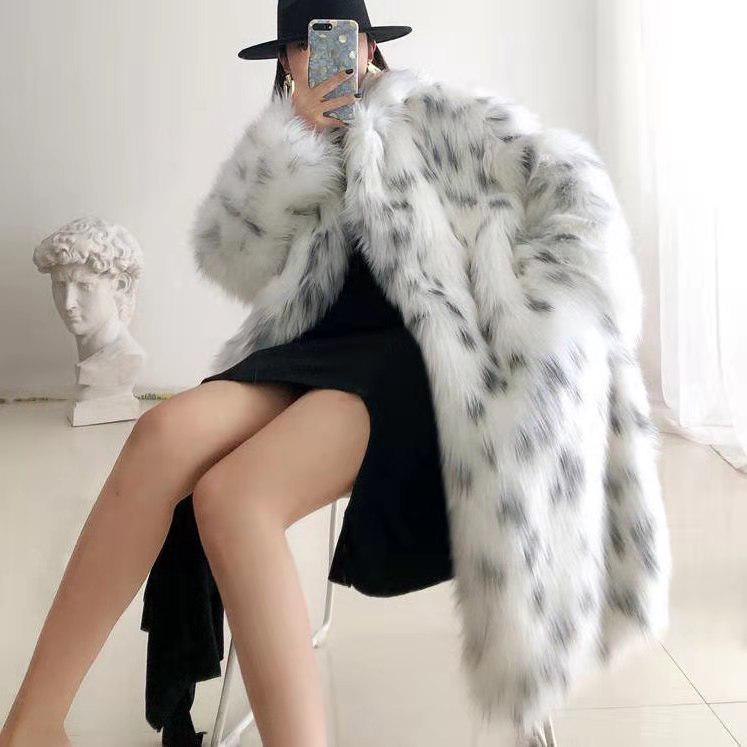 European & American Lynx Leopard Print Lapel Fox Fur Coat for Women – Long, Young Style