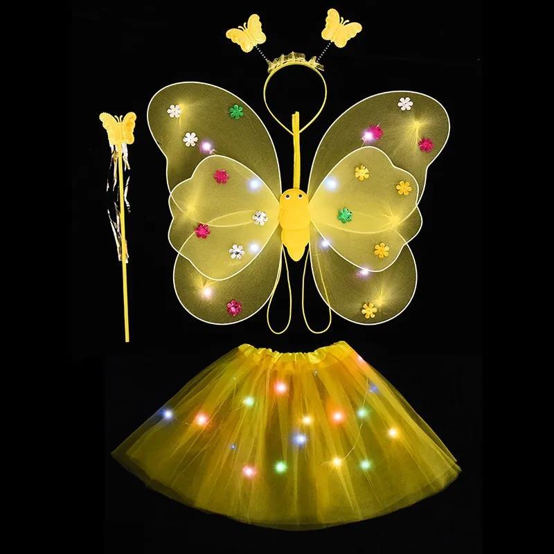 Non-Toxic 2-6 Year Led Children Costume Props Children Skirts Luminous Wing Toys Flashing Butterfly Wing Skirt Set Kids Luminous Party Toys