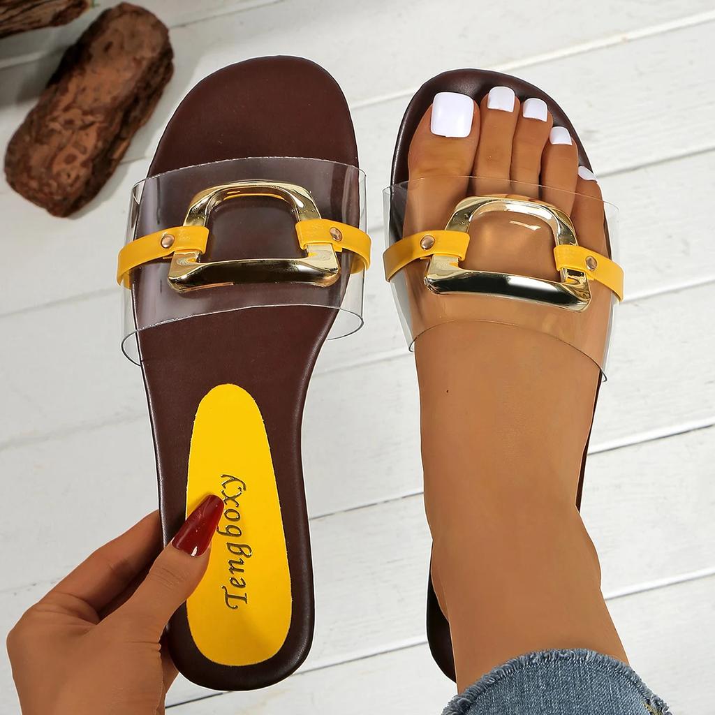 Luxury Women Slippers Buckle Designer Style Slippers 2025 New Casual Flat Sandals Summer Sandy Beach Woman Shoes Slides Woman