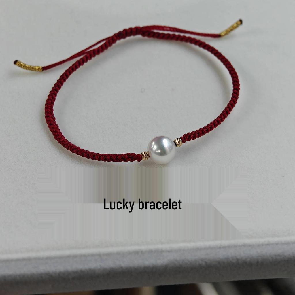 18K Gold Akoya Pearl Adjustable Red String Bracelet - Handmade Woven Style