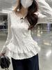 Korean sweet style white polka dot long-sleeved bottoming shirt women's spring and autumn slim and thin hem lace top