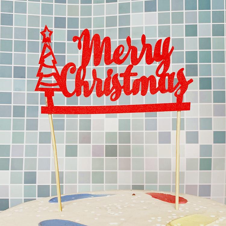 Gold & Green Glitter Merry Christmas Tree Cake Topper Decoration