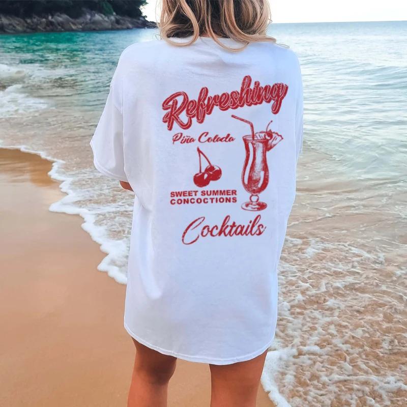 Cherry Cocktail Back Print Retro Graphic Tees Unisex Cocktail Drinking TShirts Summer Loose Beach T Shirt Unisex Vacation Tops