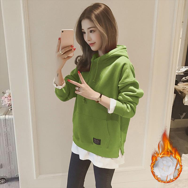 

Korean Version of The Autumn and Winter Hooded Sweater Fake Two-piece Plus Velvet Thick Sweater Women S зелений