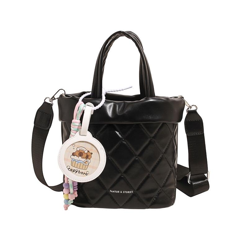 

Summer new large-capacity bucket bag, student class shoulder bag, soft waxy small fresh women s handbag No pendant чёрный
