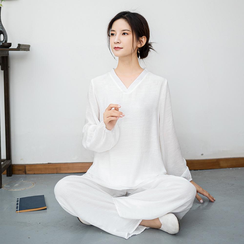 

Этнический хлопково-льняной комплект-двойка для женщин для медитации дзен - национальный стиль, наряд феи для чаепития и выступлений XL белый