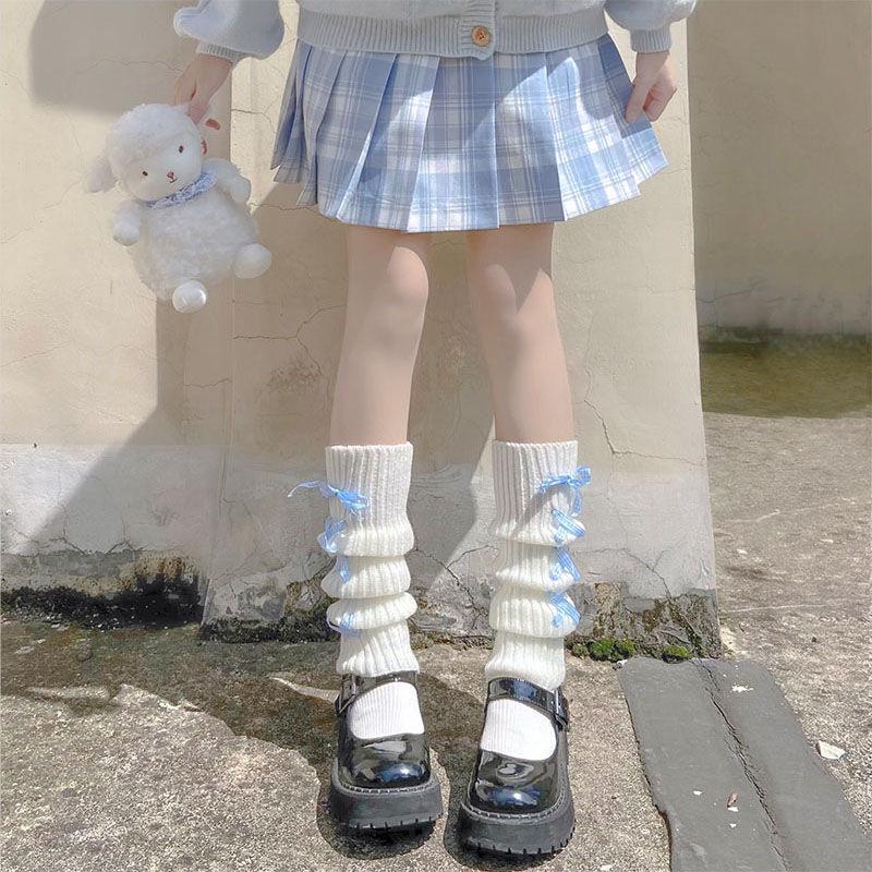 Winter White Pompon Bow Lolita Knitted Leg Warmers for Women