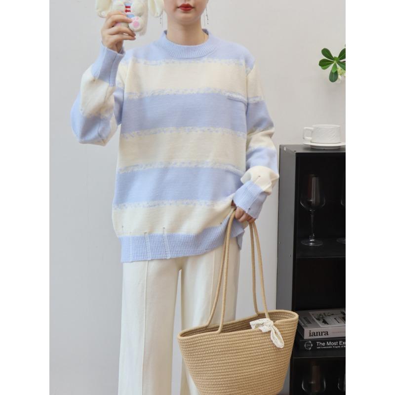 

Новый контрастный полосатый вязаный свитер на осень и зиму с дырками, мягкий, ворсистый и свободный свитер-пуловер для женщин one size fits all синий