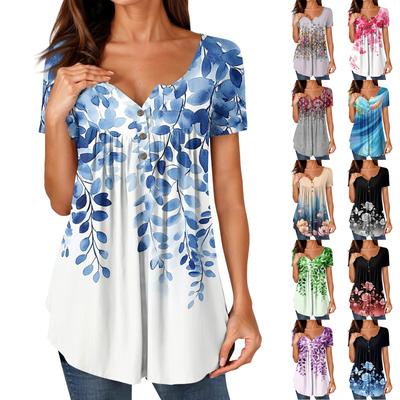 Women Tunic Tops Dressy Casual Summer Short Sleeve Shirts Loose Fit Pleated Boho Top