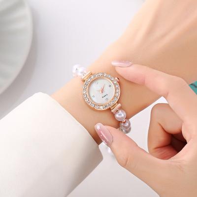 Dámske náramkové hodinky s umelými perlami, nastaviteľný remienok, okrúhly ciferník s kamienkami, dámske ležérne formálne šaty, quartzové náramkové hodinky, módny šperkový doplnok
