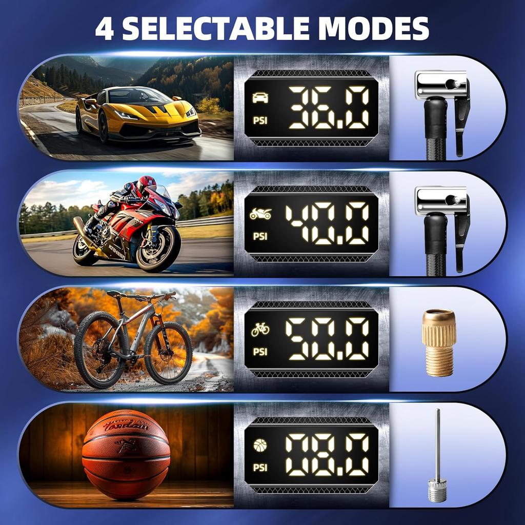 Portable Rechargeable Tire Inflator 150PSI Air Compressor with Digital Gauge & Auto Shut-off for Car, Bike, Motorcycle, E-Bike