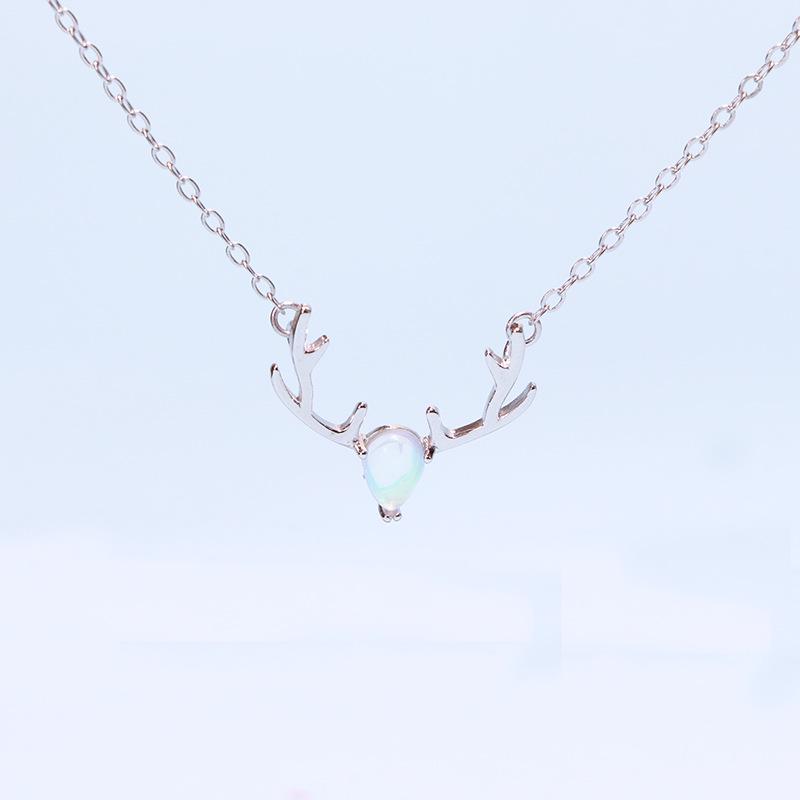 

Красочное ожерелье из лунного камня и рога - Стерлинговое серебро S925, Подарок на Рождество в стиле Мори 925 Sterling Silver