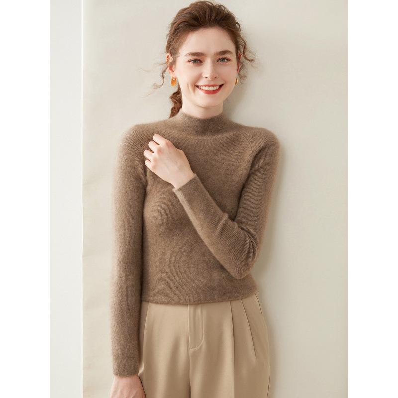 Women's Ribbed Cashmere Half-High Neck Sweater, Slimming Pullover, Long Sleeve Base Layer, Warm Knit Underlayer.