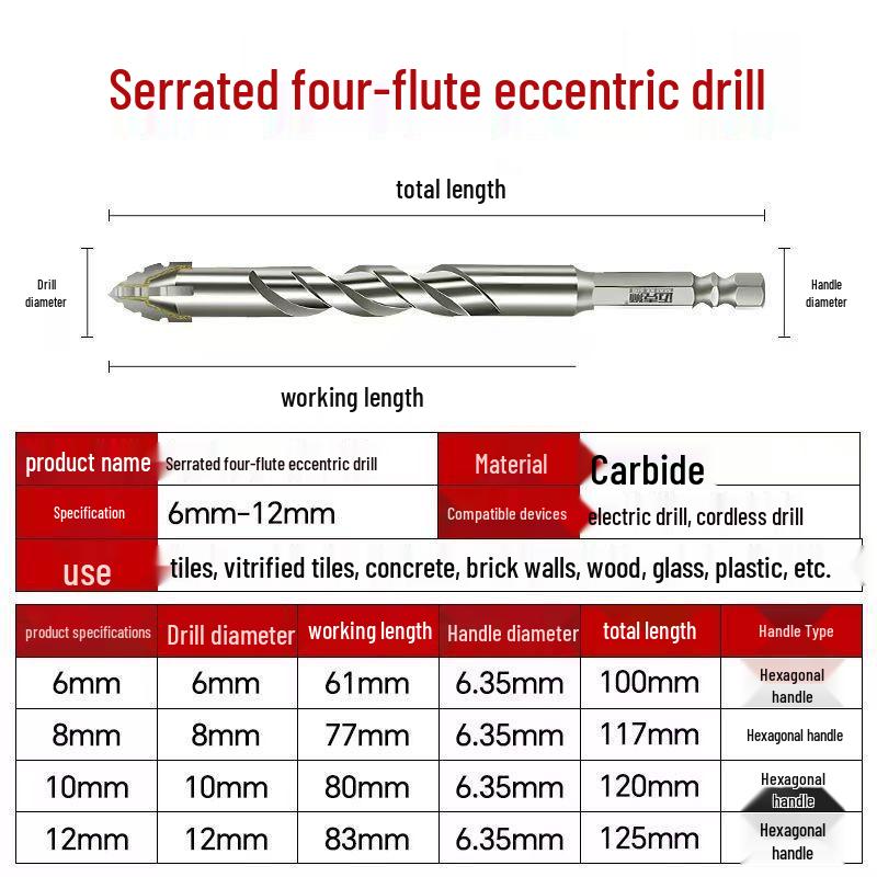 Four-Blade Serrated Drill Bit for Tile, Concrete & Glass