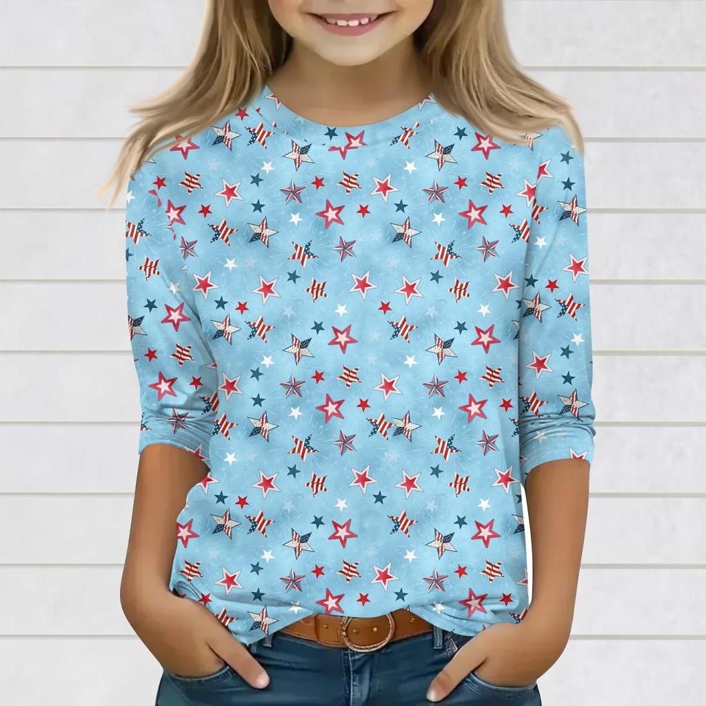 Print Tops For Youth Girls 3-10 Years Round Neck 3/4 Sleeves T-Shirts Trendy Tops Outfit Tees