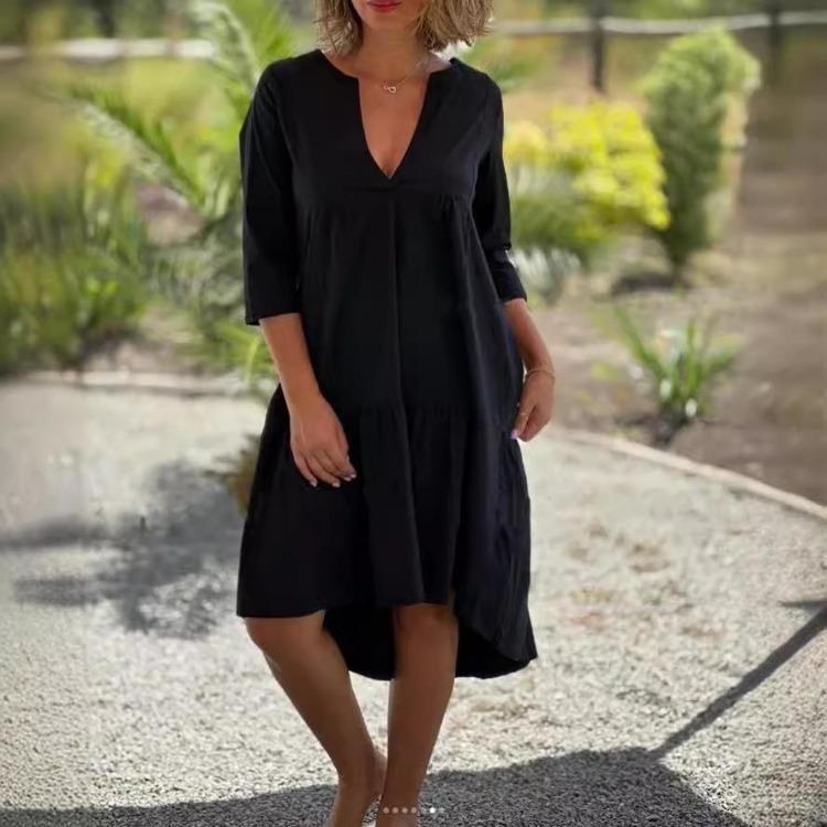 Sommer Freizeit V-Ausschnitt Baumwollkleid Damen Leicht Atmungsaktiv Locker Rüschen Midi Strandurlaub Einfarbig Kurzarm