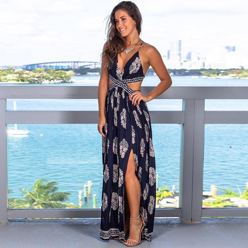 Summer  White Boho Dress Sexy Flower Printed V-neck Backless Long Dress Vintage High Waist Beach Dress Women Robe Femme 25233