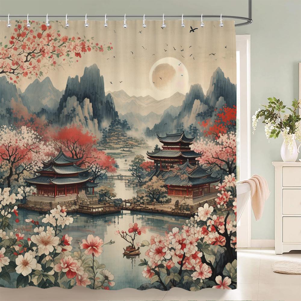 Japanese-style Shower Curtain 3d Ink Painting Bathroom Curtain Waterproof  With Hooks 180*240CM Shower Curtain Polyester Fabric
