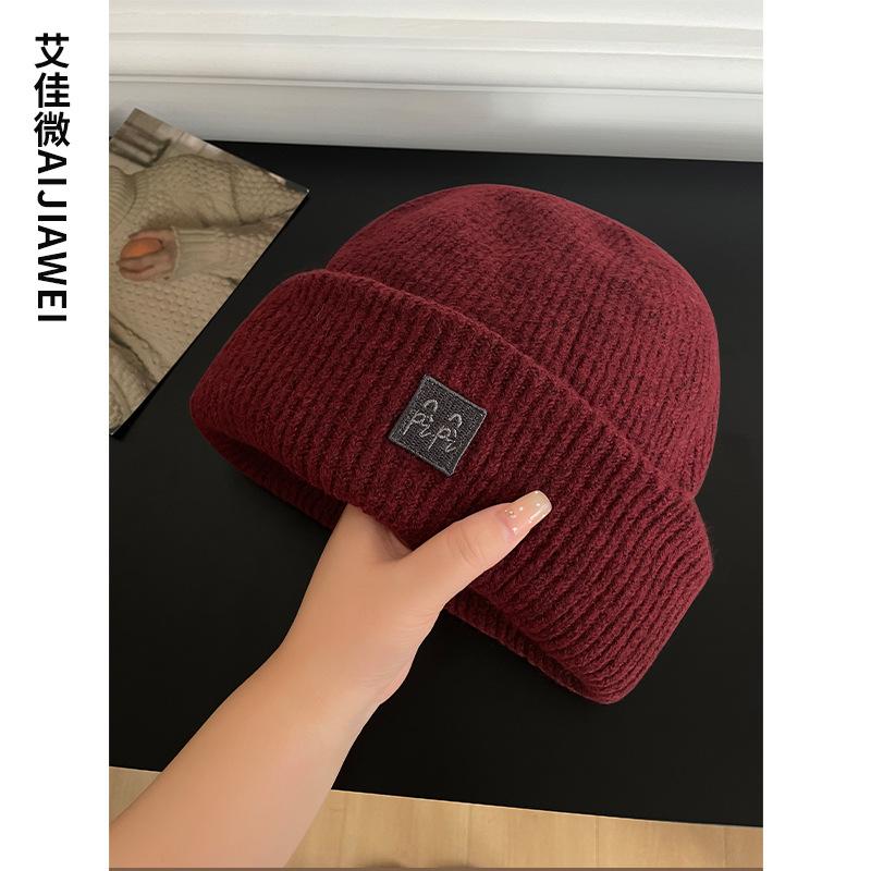 New wool hat women's winter face small ear protectors thickened warm knitted hat big head circumference ankela red cold hat