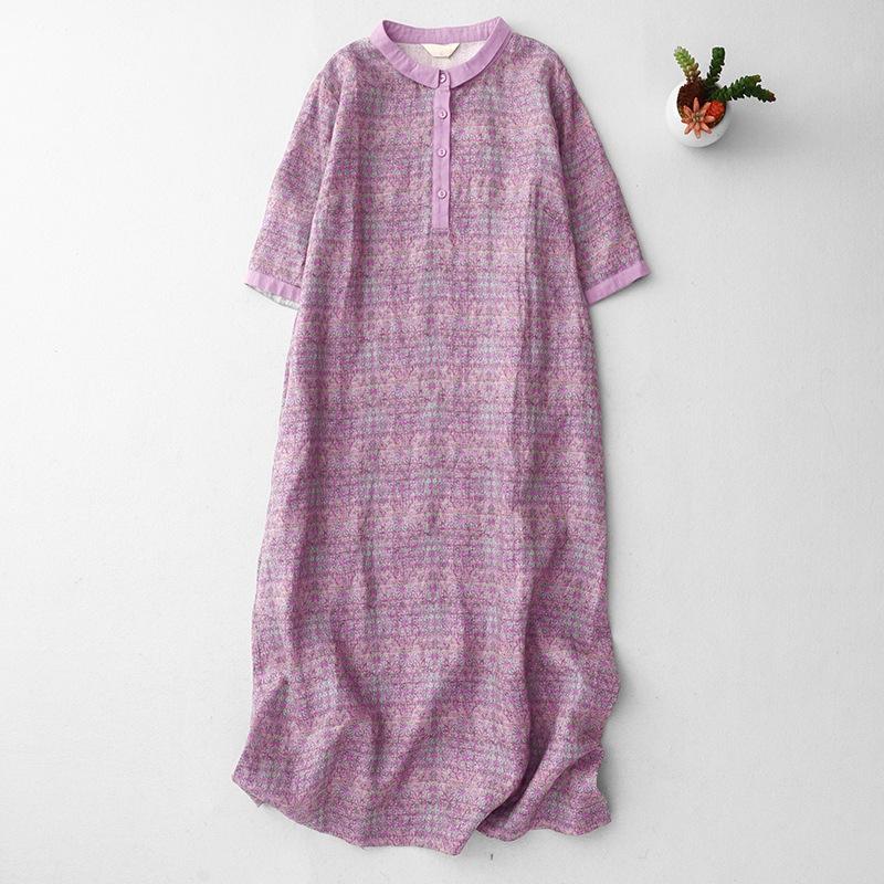 

2025 summer new temperament cotton and linen dress women s medium and small lapel five-quarter sleeve printed medium and long dress 2XL