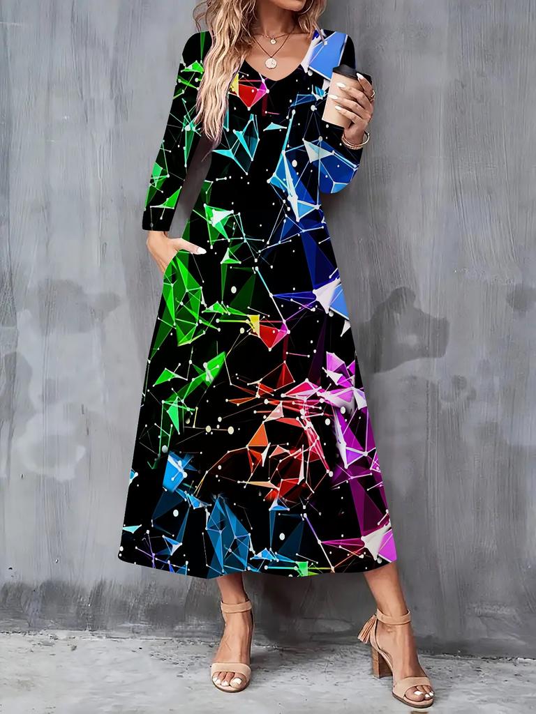 2025 Herbst und Winter Neues Damen Casual Modekleid 3D Retro Musterdruck Langarm V-Ausschnitt A-Linien-Kleider