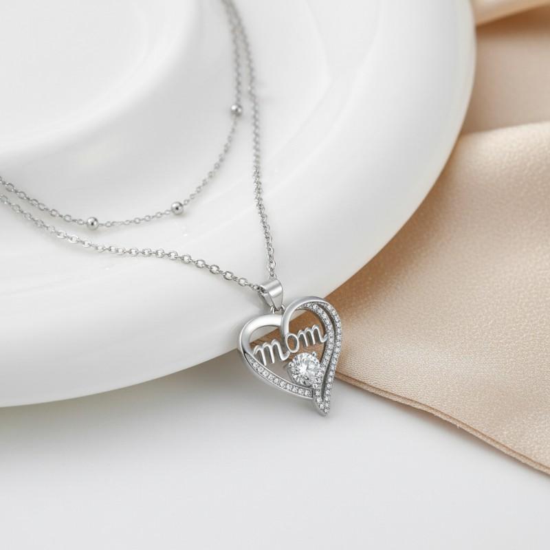 Double Layer Heart Pendant Necklace Women Tone Alloy With Cubic Zirconia Stacking Style Mom Jewelry