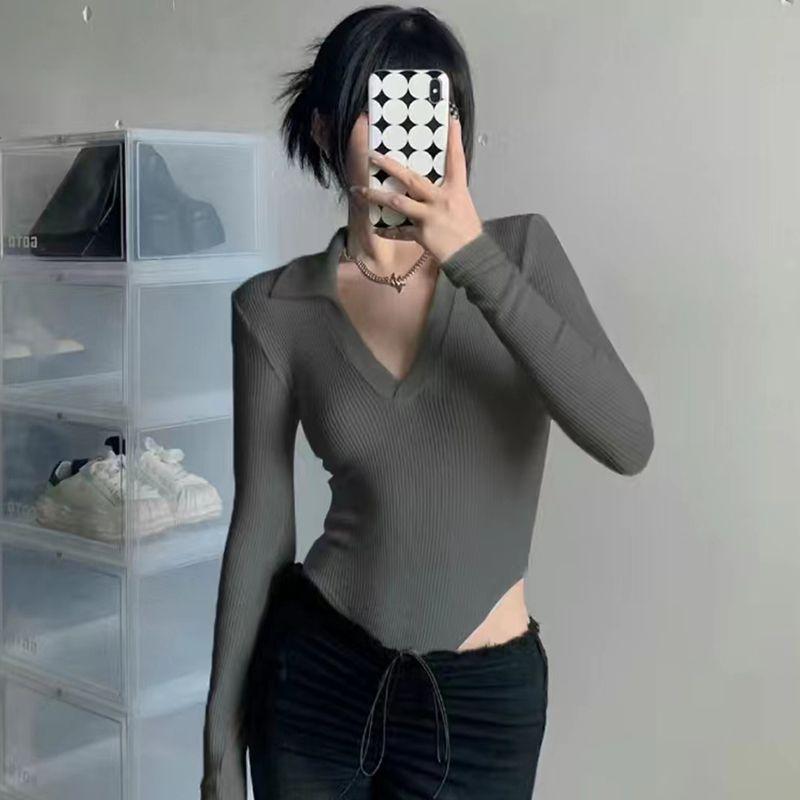 

Модный стиль Лацкан Глубокий V Длинный рукав Комбинезон Женское нижнее белье Сексуальный Сексуальный Облегающий Облегающий Топ для похудения Базовый Футболка Grey M (50.50 kg-55.00 kg