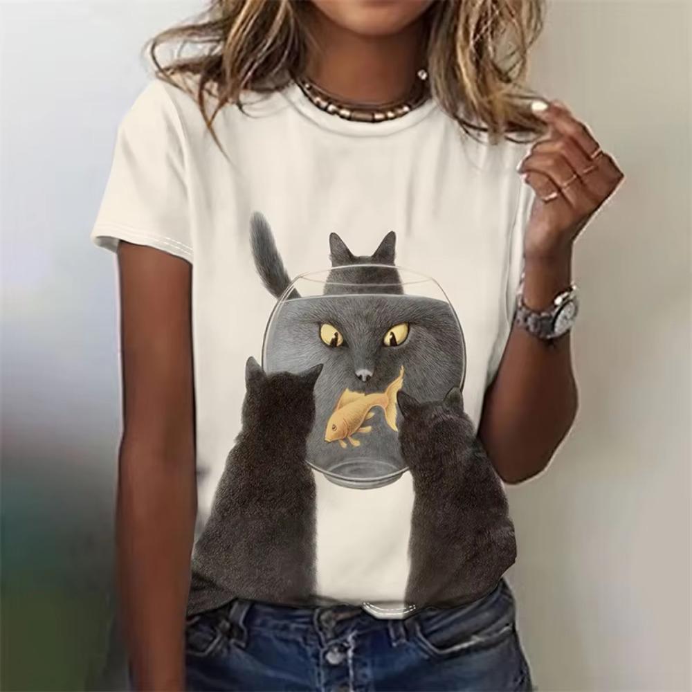 Koszulka z zabawnym kotem drukowana w 3D dla kobiet Urocze koszulki z wzorem zwierzęcia domowego Letnie codzienne koszulki z krótkim rękawem Oversize T-shirty z dekoltem O