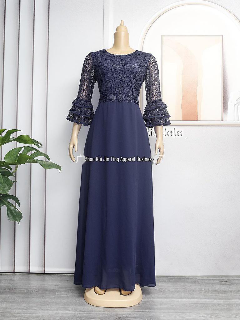 African European Women's Plus Size 2023 New Lace Heavy Work Chiffon Dress