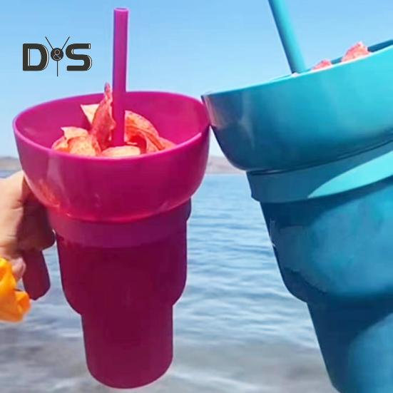 Copo para lanche 2 em 1, copo multifuncional que muda de cor para estádio, lanche e bebida com canudo para filmes, uso doméstico
