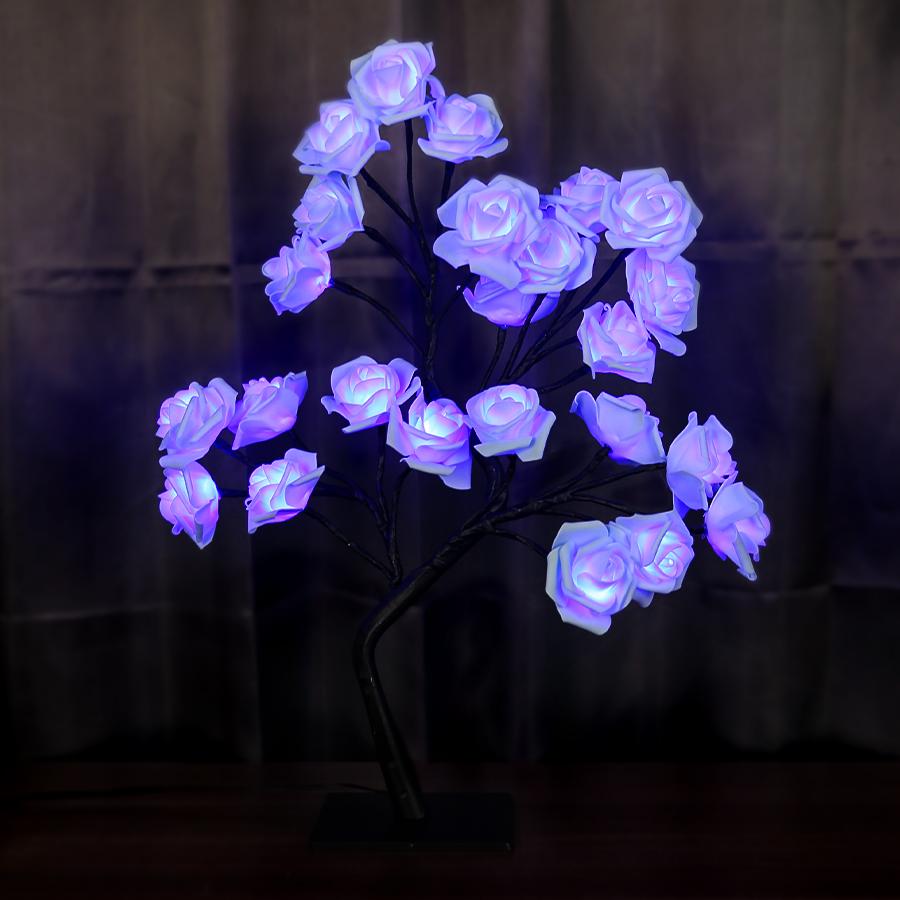 Pink Rose Flower Tree Lights 24LED USB Charge Table Lamp Fairy Night Light Home Party Christmas Wedding Bedroom Decoration Gift