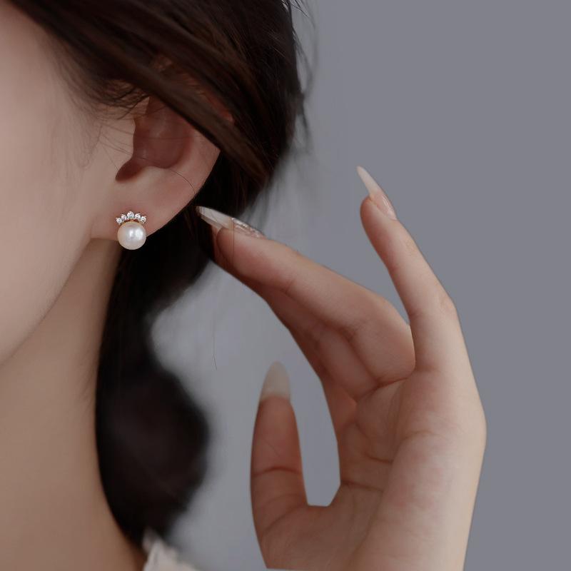 Silver Crown Pearl Stud Earrings For Women Luxury Fashion Jewelry