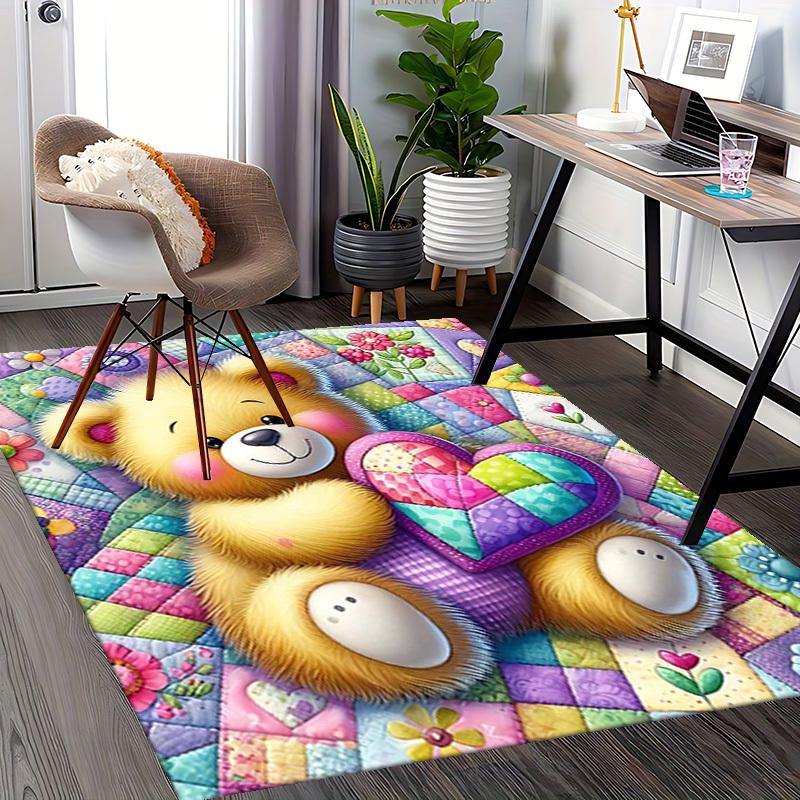1pc Teddy Bear Heart Quilted Chair Mat - Anime Cartoon Design Office Rug for Home Decor, Seasonal Gift, Anti-Slip Carpet Suitable for Office, Living R
