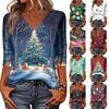 Women's Christmas Printed V-Neck 3/4 Sleeve Loose Fit Casual Shirt