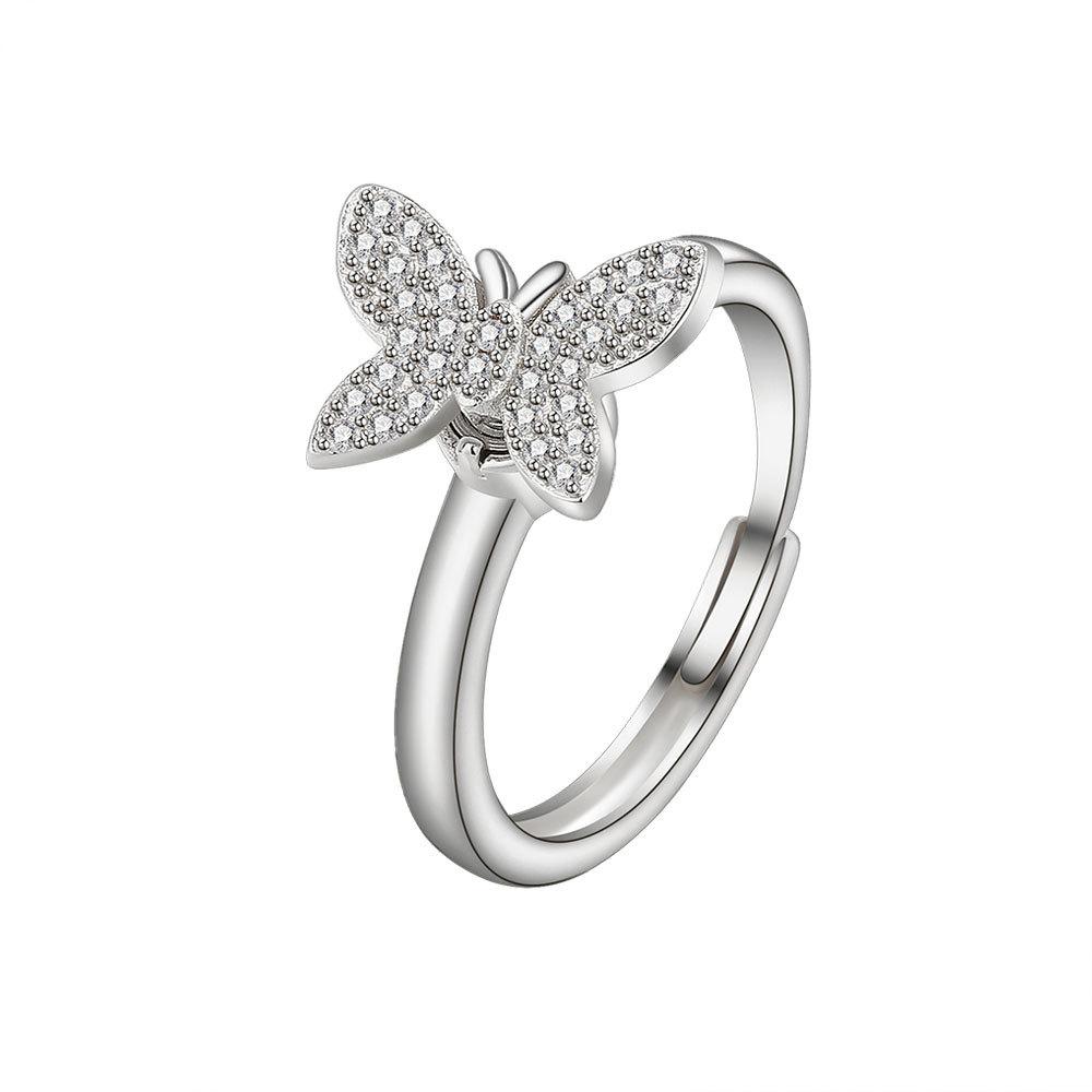 

Dainty butterfly animal anti anxiety relaxing female luxury ring Copper inlaid shiny rhinestone adjustable open rings resizable