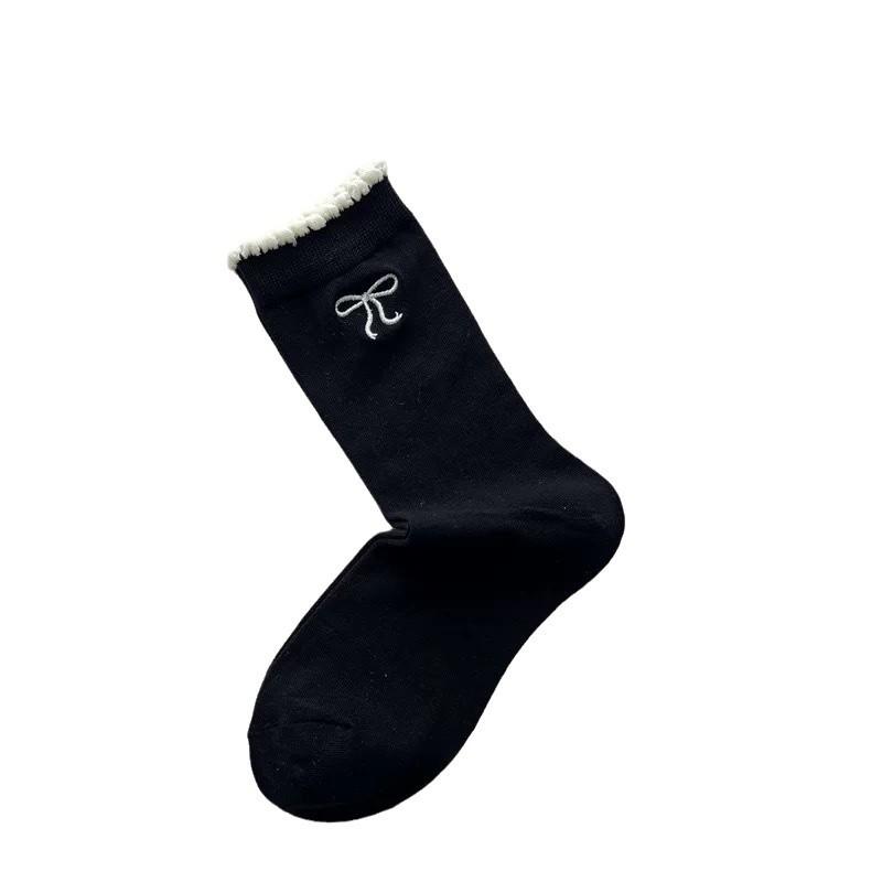 Women's Bubble Lace Embroidered Bow Socks Versatile and Trendy Mid-calf Cotton Socks Ballet Style
