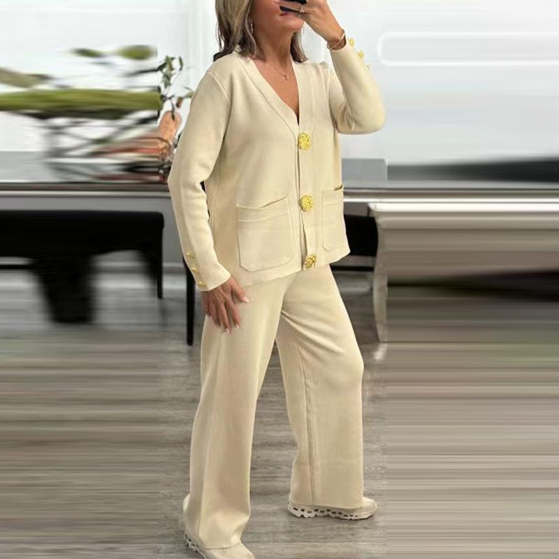 Cozy Knit Cardigan Pants Women Set Loose V-neck Pocket Button Coat Wide Leg Trousers  Autumn Winter Fashion Lady Outfit