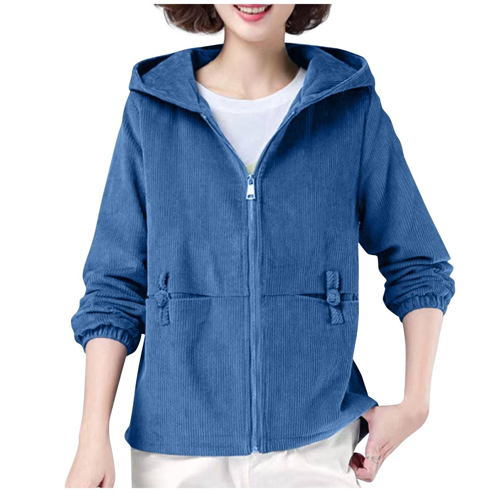 

Женское модное свободное повседневное повседневное однотонное пальто с капюшоном и молнией с длинными рукавами XL синий