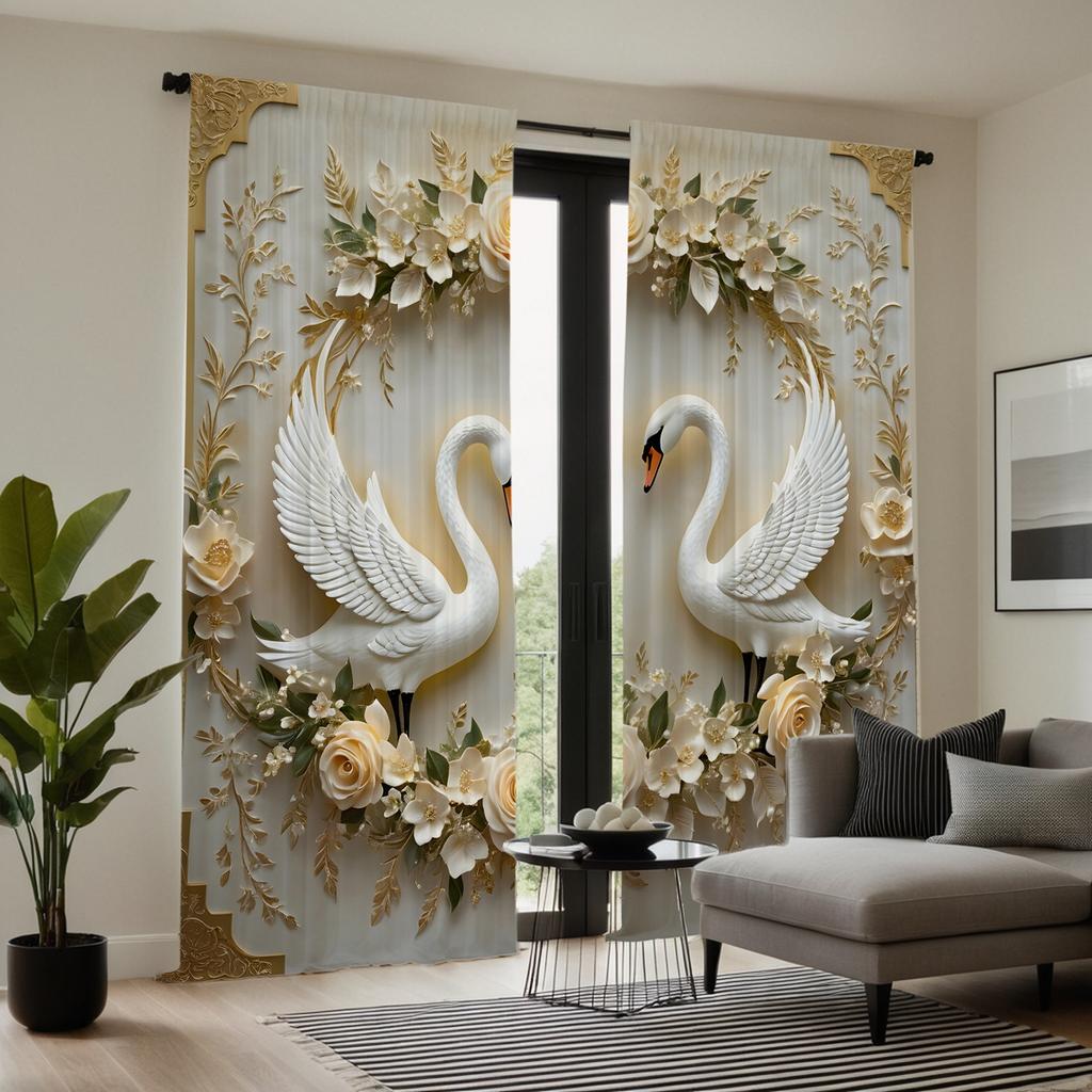 2-teiliger HD-Digital-White Tie Schöner Blumenschwanenvorhang Hauptdekorationsstil Dekoration Wohnzimmer Schlafzimmer Verschleißstangenvorhang