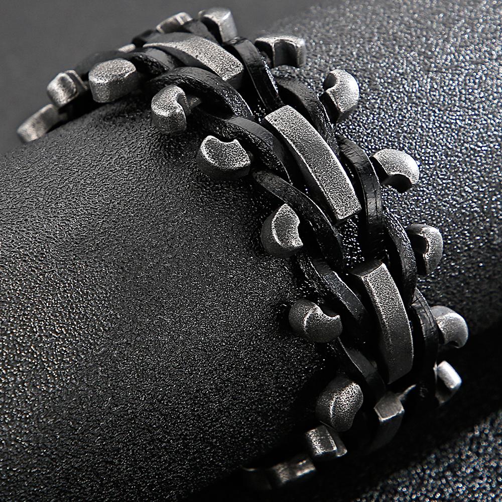 Men's Leather Bracelet Gothic 30MM Width Chain Bracelet With Belt Buckle Hip Hop Stainless Steel Wristband Adjustable Wrap Cuff Bangle