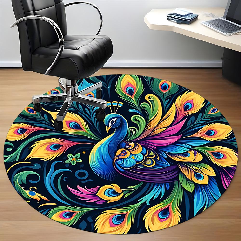 1pc Peacock Feathers Office Round Area Rug, Under Office Chairs Bedroom Living Room Home Decor, Room Deco